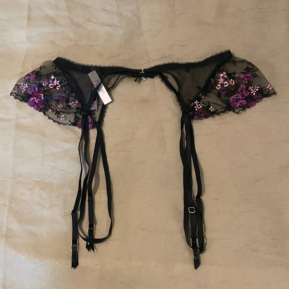 Victoria's Secret Embroidered Black Garter Belt with Purple & Pink Accents - Picture 6 of 10